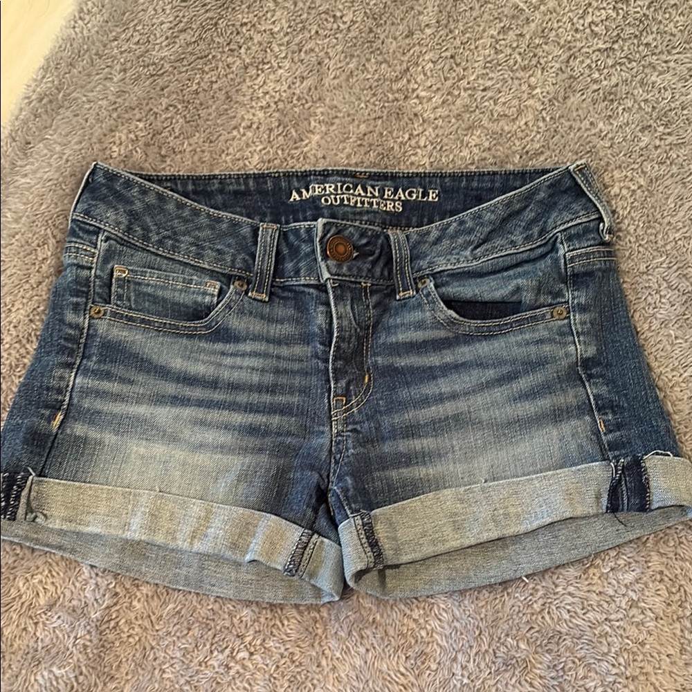 American Eagle Outfitters Blue Jean Shorts with Frayed Hem